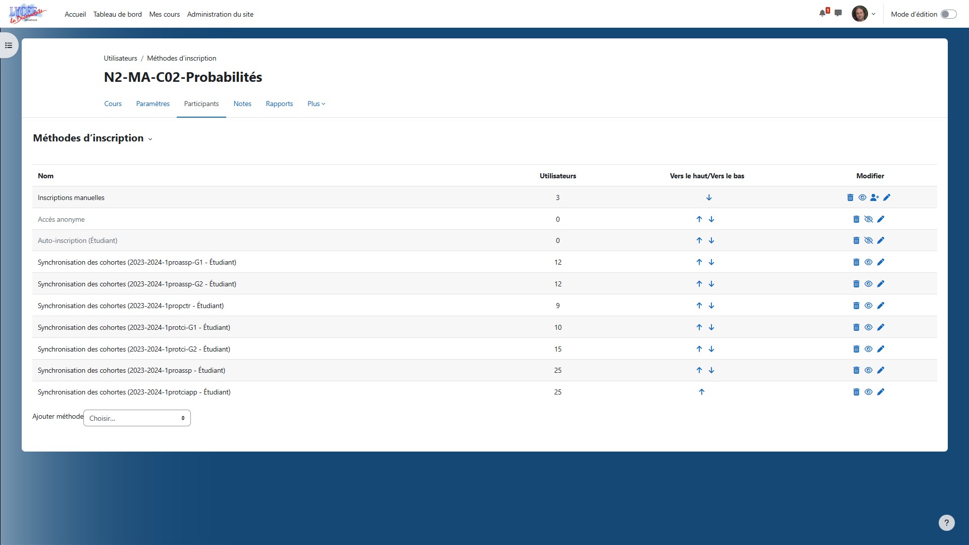 "Synchronisation des cohortes" dans un cours Moodle